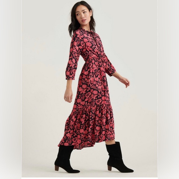 Lucky Brand Ryan Peasant Dress Pink & Black Print - Picture 2 of 7